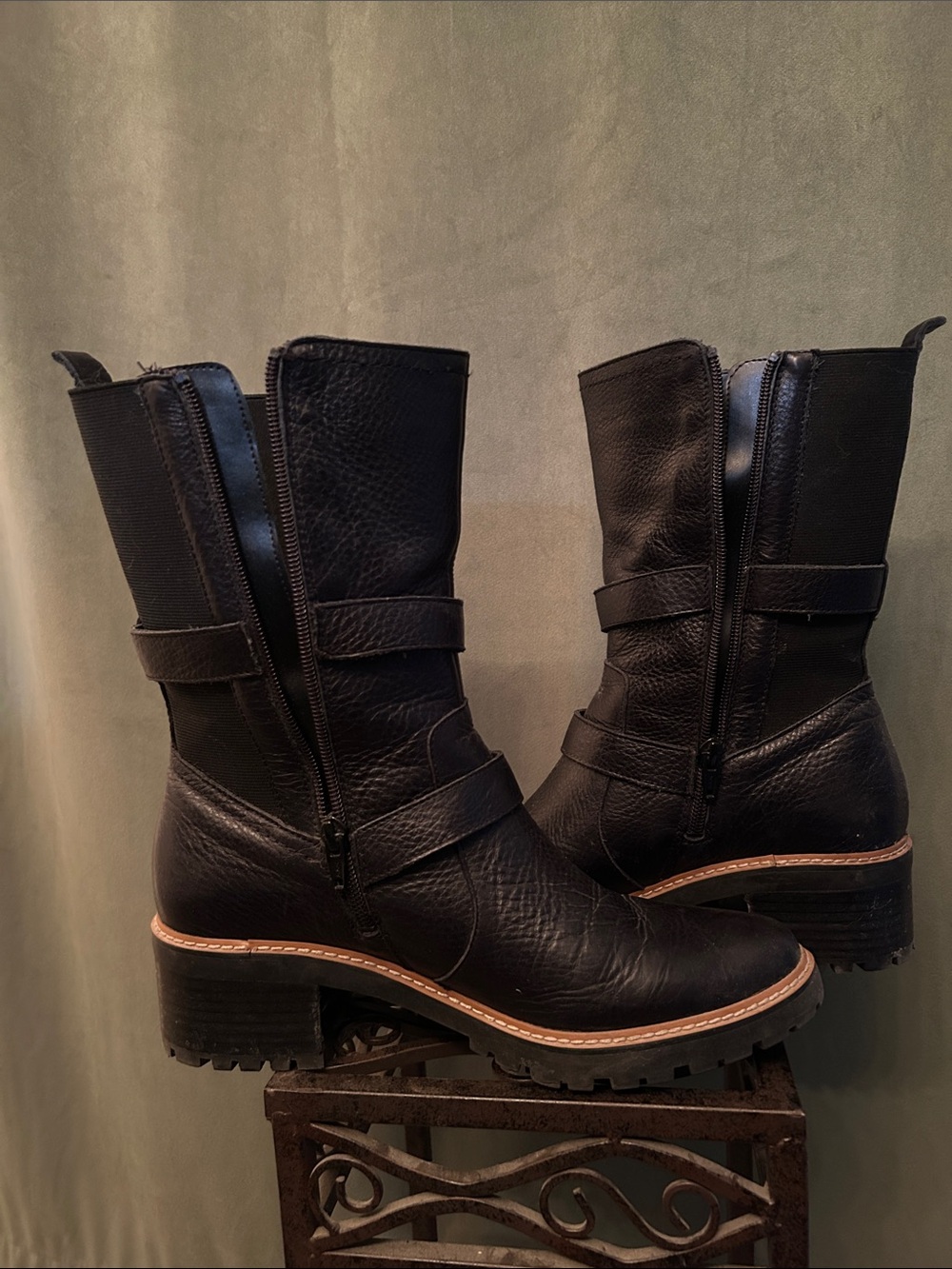 Naturalizer Black Leather Mid-Calf Buckle Heeled Boots - Picture 2 of 6